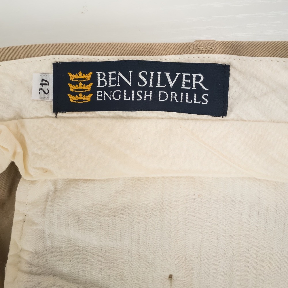 Ben Silver English Drills Pants Men's 42 Khaki Pleated Cuffed USA FITS 40x26.5 - Picture 2 of 15